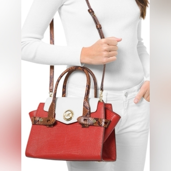 MICHAEL Michael Kors Handbags - Michael Kors Carmen Small Leather Satchel Dark Persimmon Snake Trim